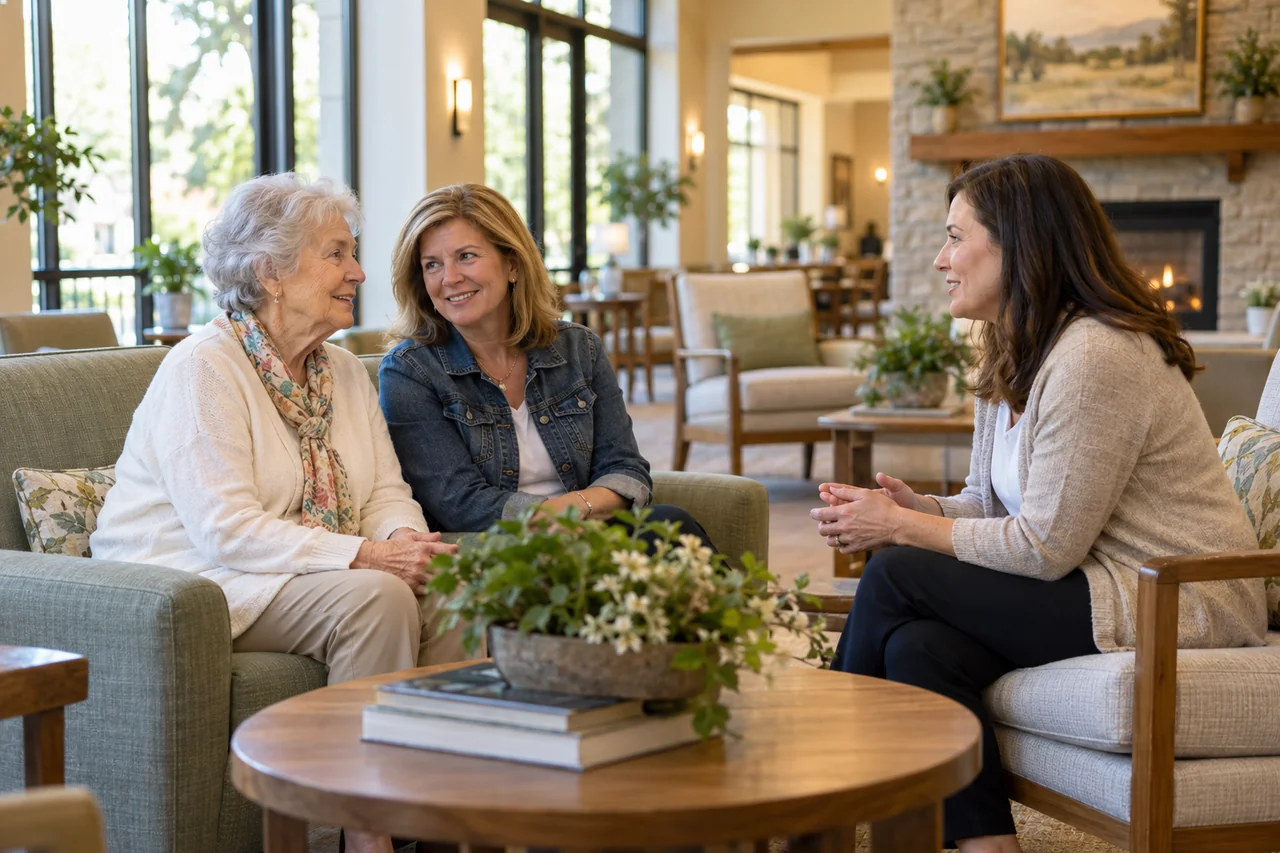 An older adult and family meeting staff during a community visit